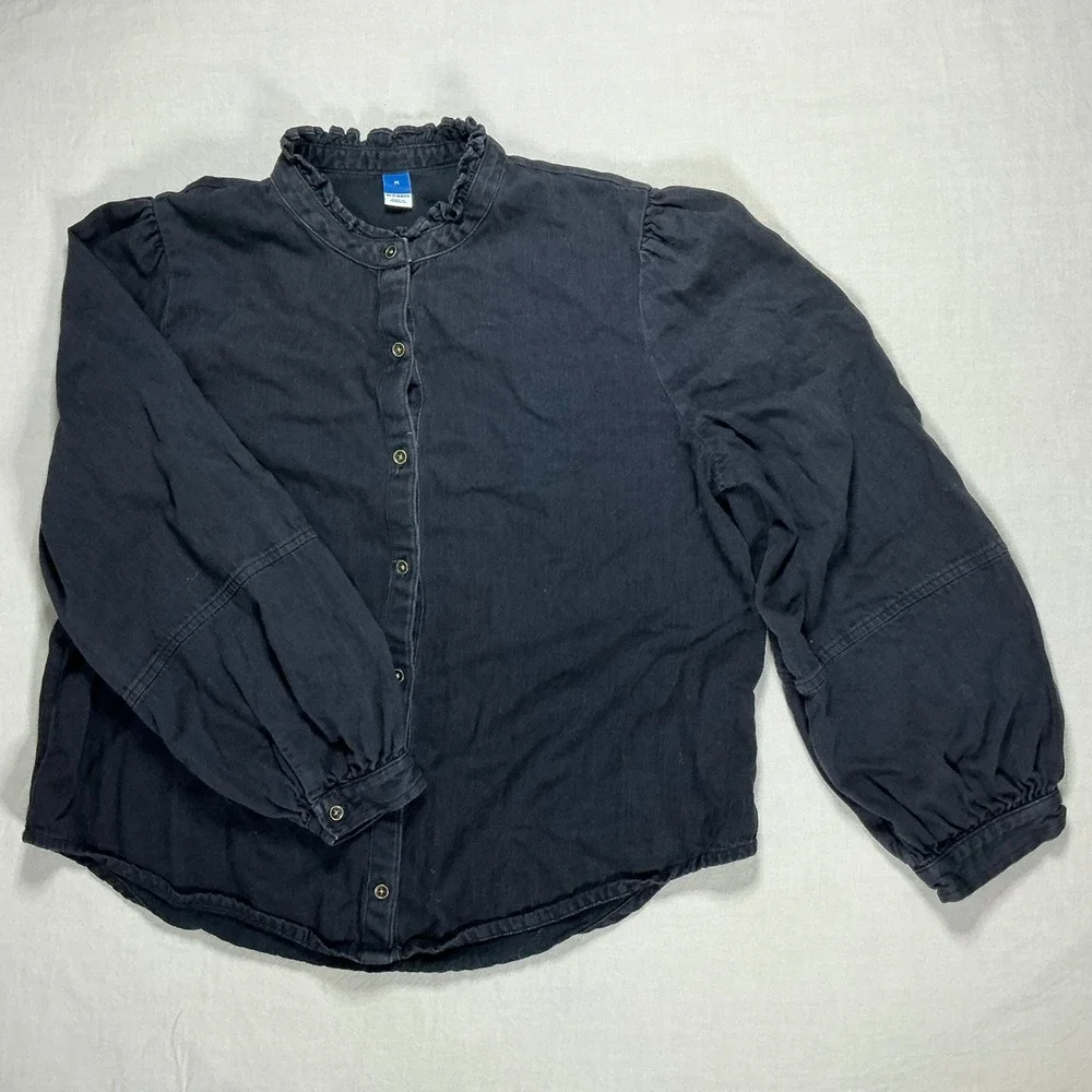 Old Navy Black Ruffle Neck Puff Sleeve Button Down Blouse Top M 490719-00